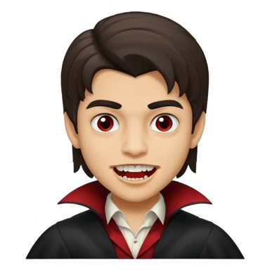 hispanic boy, medium length hair, vampire teeth sticker