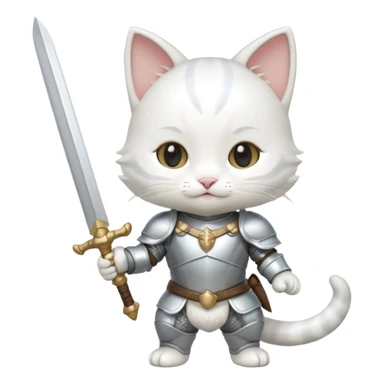 baby chibi white cat in silver armor, full body, smile, hold sword sticker