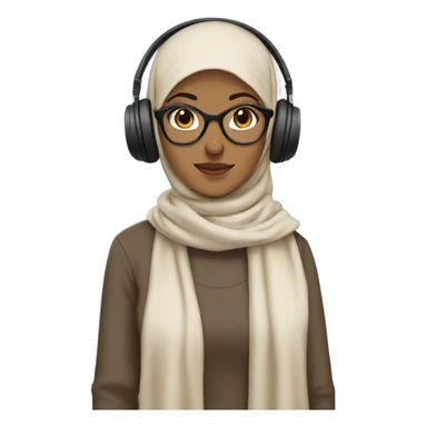 a hijabi girl her outfit includes a beige sweater paired with a brown hijab styled neatly around the head. The character is also wearing large black headphones and rectangular glasses, completing the practical and casual vibe. sticker