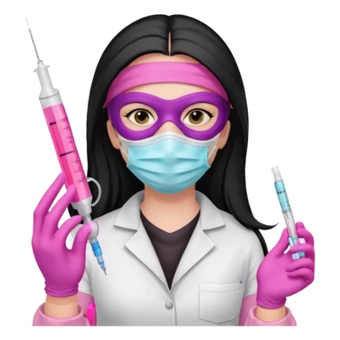 laboratorista con guantes rosa y mascarilla rosa  jeringa tubos  pelo negro largo triguella sin lentes pelo lacio negro y largo  sticker