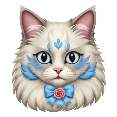 Neva masquerade cat, very fluffy, gray and white, with pale blue eyes and rose nose sticker