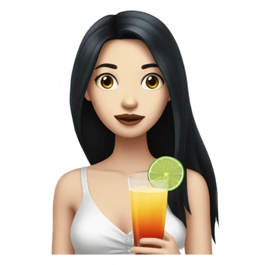 Pale girl with long black hair with chest holding cocktail sticker