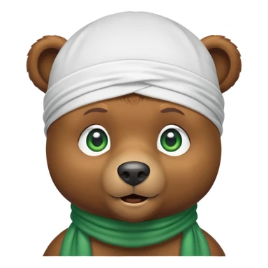Cool brown bear with confident expression and green eyes wearing a crisp white durag with the ties showing, iOS emoji style sticker