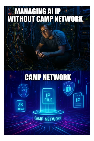 A modern meme layout with two panels. First panel shows a chaotic, overloaded server room labeled 'Managing AI IP without Camp Network.' Second panel shows a sleek, glowing futuristic network hub labeled 'Camp Network' with digital avatars, ZK shields, and IP files floating securely in holograms. Use a bright neon cyber aesthetic, meme-style composition, clear captions in bold white Impact font. sticker