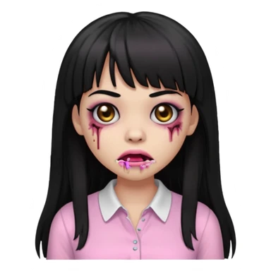 light-skinned Black zombie girl emoji, black eyes, long black hair with bangs, light pink blouse, stitched mouth sticker