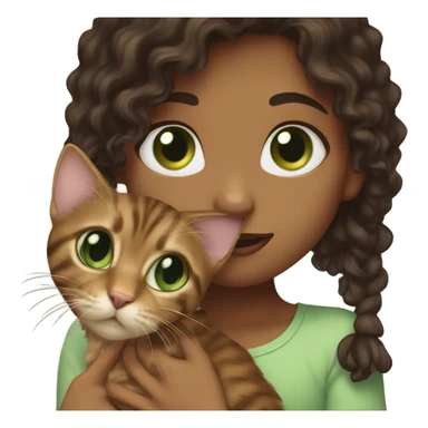 Long, dark brown, curly haired girl with hazel eyes kissing a brown tabby cat with green eyes on its head sticker