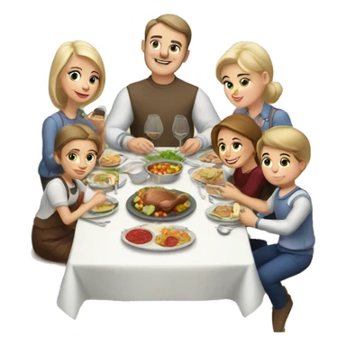 Russian family of 7 members eating dinner together at kitchen table sticker