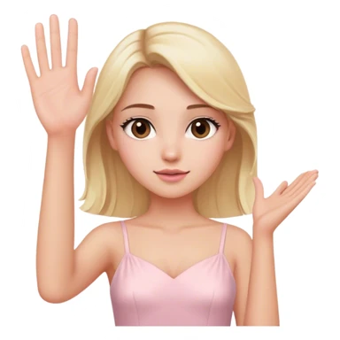 Pretty Blonde model, brown eyes, light pink dress, raising hand sticker