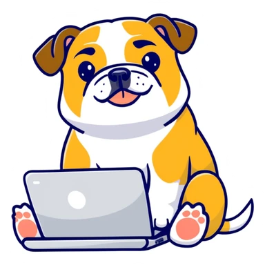 English bulldog sitting with a laptop sticker