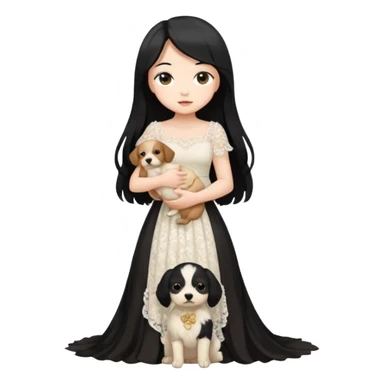 Pastel anime lady long hair with long lace dress full body holding puppy sticker