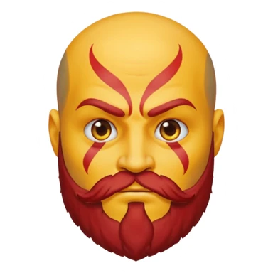 Kratos depicted as a yellow emoji, stern face, red tattoo, beard, classic round yellow emoji style sticker