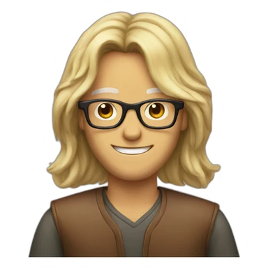 long haired man with glasses showing a victory sign sticker