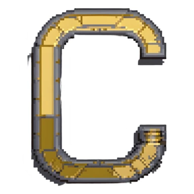 Pixelated letter C in various shades of gray, with golden pixel halo above it, 8-bit style sticker