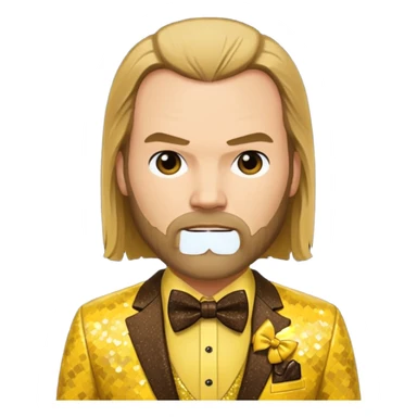 Tyler Mane with long dark blonde hair, yellow shirt, brown sequin suit with bow tie sticker