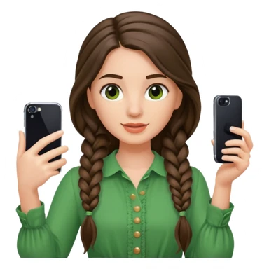 brunette long braided haired woman with green blouse holding her phone having selfie sticker