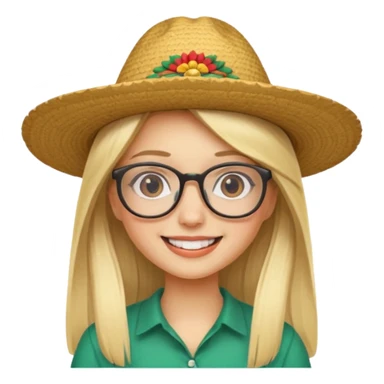 blonde girl with straight hair and glasses with a Mexican hat  sticker