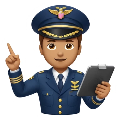 Slack-style emoji of a pilot wearing a navy captain hat with gold wings, pointing at a tablet or checklist with one hand, other hand ready or slightly raised, confident and attentive expression sticker