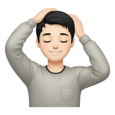 white boy smiling with right hand behind head, black hair, closed eyes sticker