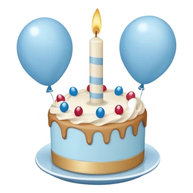 Please make some balloons that are light blue and beige, and place a small cake underneath the balloons. sticker