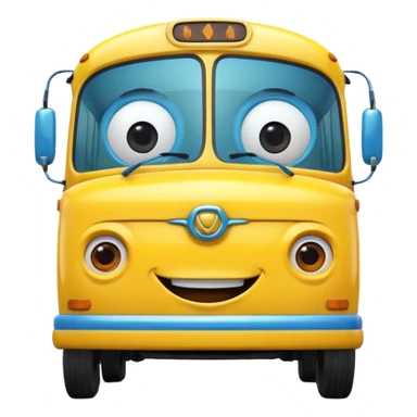 Front view of a bus with a cheerful smiling face, expressive eyes integrated into the windshield, glossy 3D animation style, Pixar-inspired, vibrant colors, soft shadows, cinematic lighting, ultra detailed, 4k render sticker