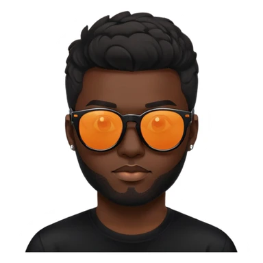 đàn ông 30 tuổi, da đen, tóc ngắn phong cách disco, đeo mắt kính râm màu cam nhẹ trong suốt nhìn thấy mắt, gọng kính màu đen, mặt ngầu, áo đen sticker