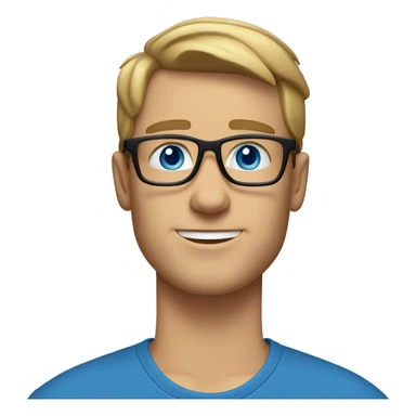 white guy with no beard, dark blond hair brad pit style square glasses blue eyes in laptop wearing blue t-shirt sticker