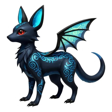 Shiny Fiery Dark Ugly Evil Realistic Glowing Eldritch Horror Cool Edgy Badass Emo Glorious Demonic Batty Dusky Ethereal Sparkly Shimmering Magical Punky Aural Iridescent Fluorescent Bioluminescent Umbreon-Amaura-Salandit-Noibat-Flareon-Fakémon-fusion (full body) with intricate pattern markings sticker