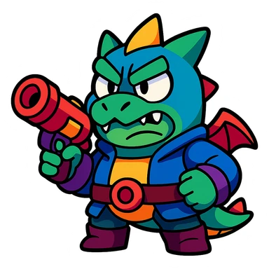 Brawl Stars character JAE Yong, ready for battle, bold outlines, colorful design sticker