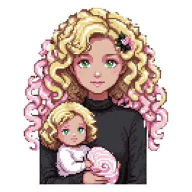 pale girl with curly medium-length blonde hair and baby pink swirls sticker