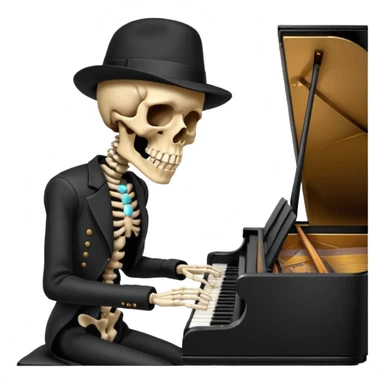 a human skeleton in anatomical proportion wears a black hat and plays the piano sticker