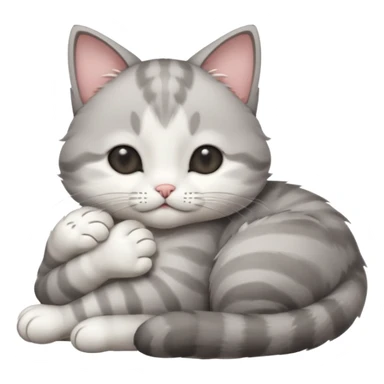 grey and white small cat with its eyes closed lying down with its paw curled under his chin holding it up sticker