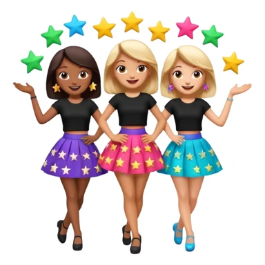 Three 3D cartoon women dancing in colorful skirts and black tops with stars, cheerful expressions, bright background, Memoji-style rendering. sticker