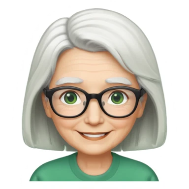 White hair grandma, green eyes, hair to shoulder, lokeg black glasses, rectangles face, smile , sticker
