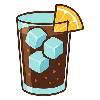 flat toon glass of cola with 3 ice cubes and a wedge of lemon sticker