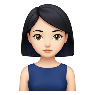 A girl with black hair, dark brown eyes, a beautiful face, short, straight hair to the shoulders, and a navy blue dress. sticker
