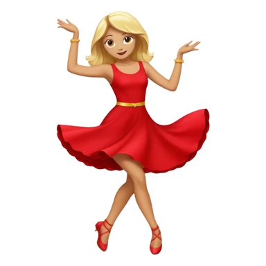 a yellow-blonde woman dancing wearing a red dress, in flat emoji / Apple style, smooth shapes, glossy highlights, bright saturated colors, simple features, minimal details, no outlines, red clothes flowing, joyful pose
 sticker
