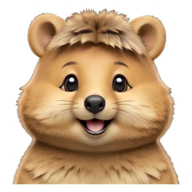 cinematic-realistic quokka-emoji,-small-round-frame, head tilted in an endearing manner, comical smile, round cheeks, giant-fluffy-cheeks-large-smile-fluffy-brown-fur-radiating-a-warm-softness,-big-round-eyes-filled-with-joy, realistic round  fluffy zoomed in, large black eyes one paw raised in the air sticker