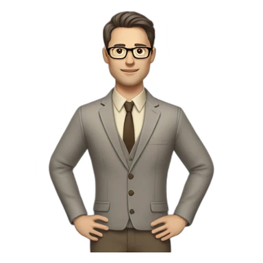 Full height Gesticulating Pale skinned fit man with dark brown hair in gray jacket, beige office shirt, brown tie, brown pants and vintage glasses. sticker