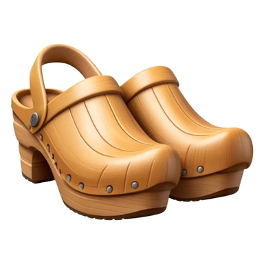 Cinematic Realistic Wooden Clogs Emoji, depicting the classic handcrafted footwear with a smooth, curved design and sturdy wooden soles, rendered with rich textures and warm, natural lighting. sticker