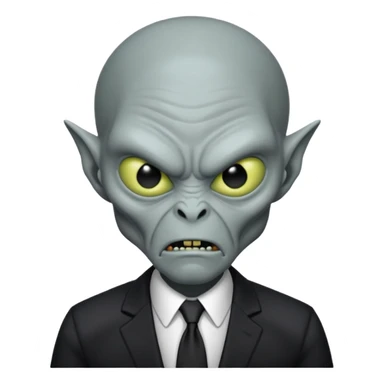 an old alien with black suit, grey skin, angry sticker