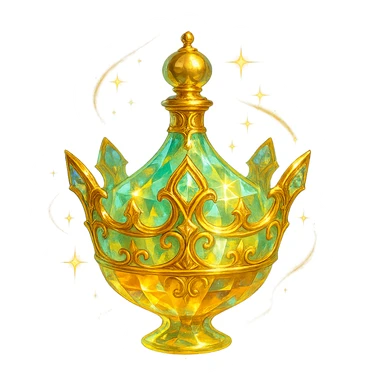crystal luxurious elixir bottle in the shape of a crown, pastel gradient of yellow, orange, and green colors, lots of glowing effects, facets, ornaments, golden details, magical effects, very small golden neck, transparent background, beautiful merging base, clearly floating in the air, no base or shadow, very luxurious, interesting design fitting a collection sticker