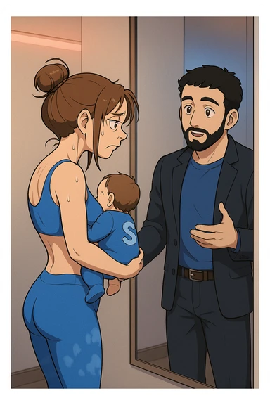 ispirati a questo stile di disegno e fai questa immagine in versione manga/webtoon a colori, il manga mostra la donna che si guarda alla specchio preoccupata di profilo con la postura sbagliata e incurvata, spalle chiuse e curve in avanti, con un neonato in braccio con una tutina azzurra e la scritta "S" blu sulla schiena, spina dorsale storta della donna in evidenza mentre al suo fianco anche l'uomo guarda la donna riflessa nello specchio e le spiega una cosa, ma non fare i fumetti, fai come se stessero parlando sticker