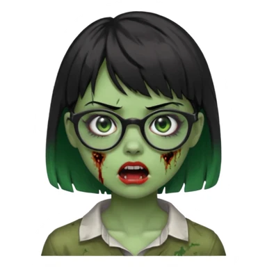 faça uma menina zumbi,da cor verde,com o cabelo curto preto até o pescoço,franja,óculos pretos,olhos escuros,boca meio aberta e alguns machucados pelo rosto sticker