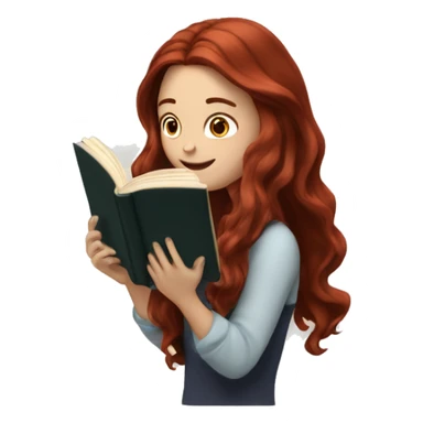 White girl with long loose wavy dark red hair reading a book sticker