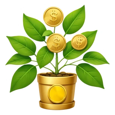 medium-sized money plant with several leaves shaped like coins or bills, showing early growth from compounding, clear modern emoji style sticker