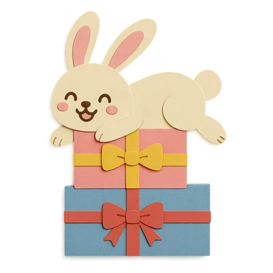 Add a ribbon to the blue gift box and change the bunny's face to a happy expression. Keep all other design elements unchanged, paper-craft style sticker