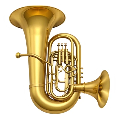 Create a large and bold emoji representing a tuba. The design should feature the tuba’s iconic, large, curved brass body, with its wide bell and tubing wrapping around. Highlight the visible valves and their metal buttons, showcasing the characteristic structure of the instrument. The brass finish should be shiny, with golden tones and subtle reflective light effects to highlight its polished surface. Add soft musical notes or soundwaves emanating from the bell to evoke the deep, resonant sound of the tuba. The background should be transparent. sticker