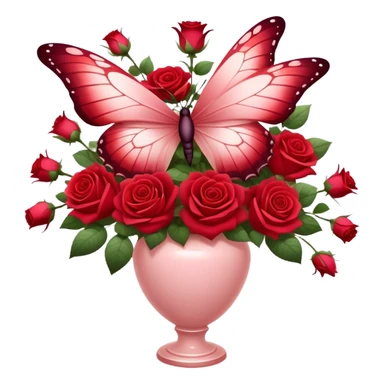 Ethereal butterfly with Crimson and Burgundy wings resting on a Scarlet bouquet of Roses in a Soft Blush color vase, surrounded by a dreamy red-hued ambiance. sticker