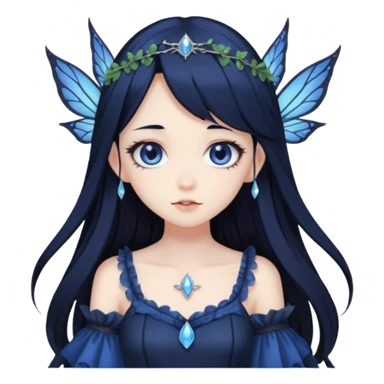 Gothic anime fairy with long beautiful black hair and dark blue dress, pastelcore, sticker