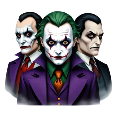 Thriller Movie Icon: A dark, intense collage with close-up images of iconic thriller characters like 1 Joker, 1 Hannibal Lecter, and 1 Vlad Dracula. The background features a moody Gotham City skyline, with shadowy figures and fog. Atmospheric, suspenseful tone. Transparent background. sticker